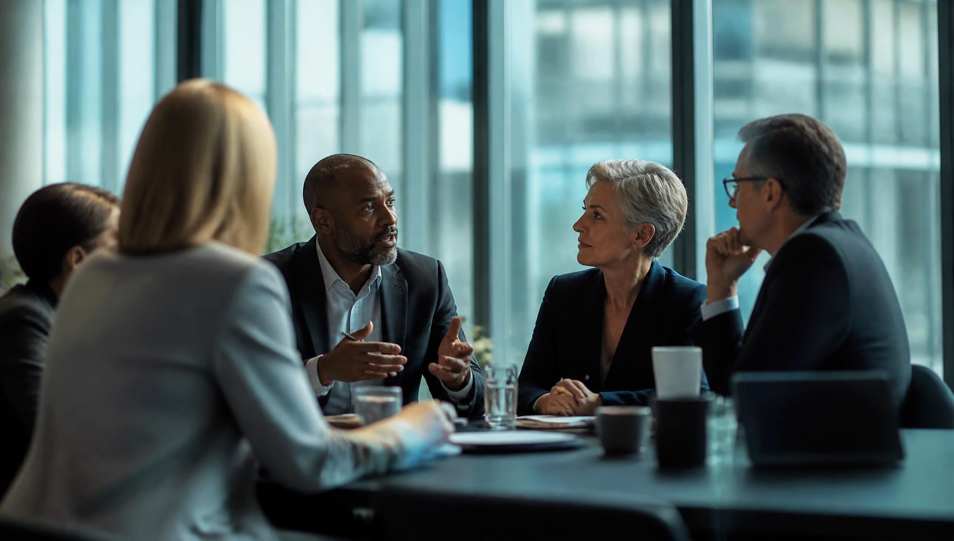 Senior leaders in discussion around a table in a bright glass-walled office