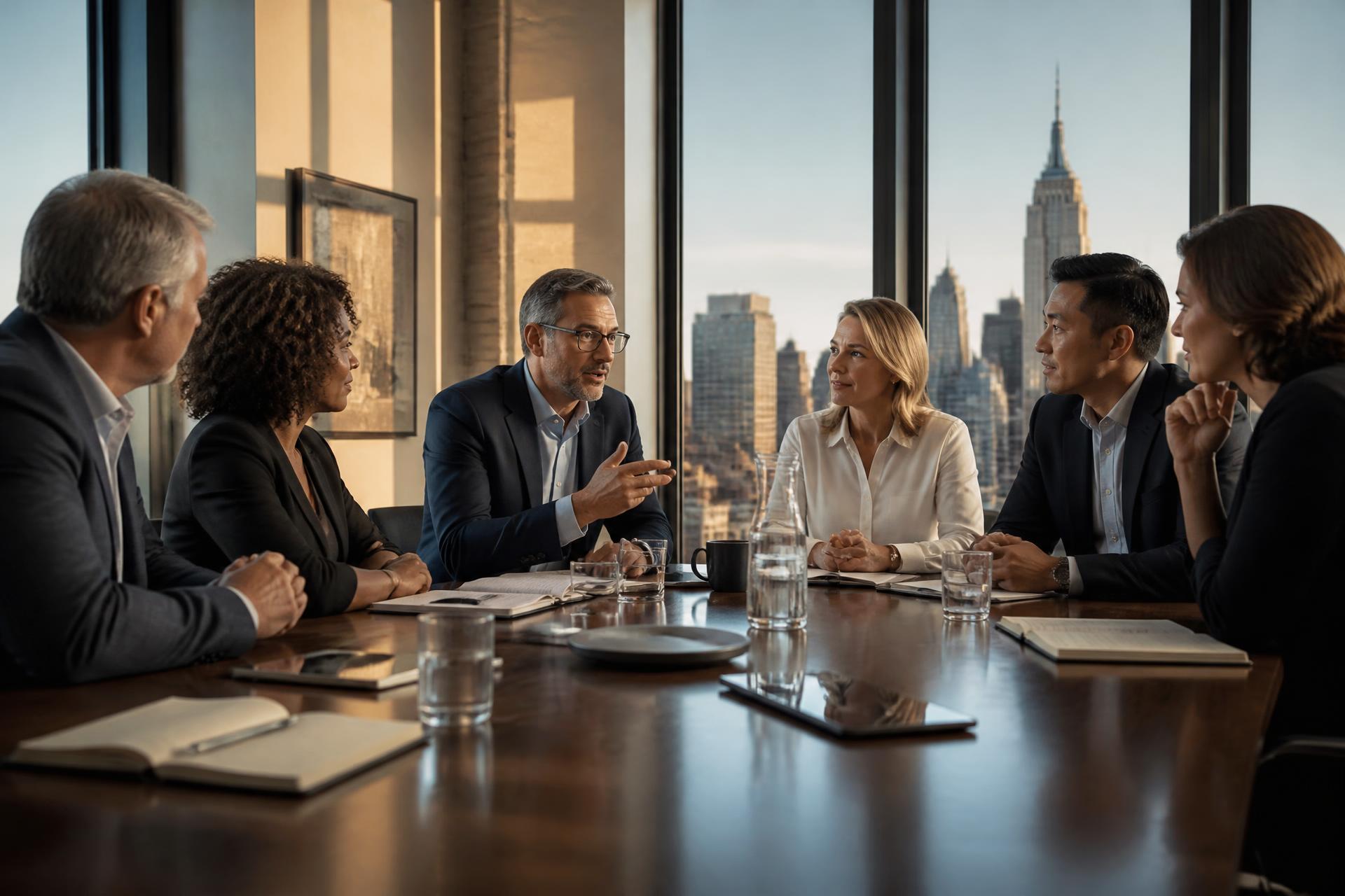 Senior leaders in a coaching session around a boardroom table with a city skyline beyond